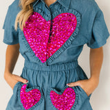 Denim & Purple Oversized Jeweled Ruffle Heart Romper | Queen Of Sparkles