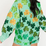 Green & White Striped Rhinestone Shamrock Button Up Long Sleeve Top | Queen Of Sparkles