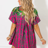 Pink Plaid Metallic Wreath Short Sleeve Cotton Dress | Queen Of Sparkles