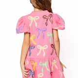 KIDS Pink Multi Bow Poof Sleeve Dress | Queen Of Sparkles