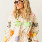 Beige & White Polka Dot Multi Pumpkin Cotton Button Up Top | Queen Of Sparkles