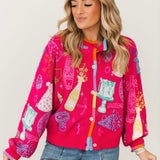 Hot Pink Birthday Icon Rainbow Trim Button Up Cardigan | Queen Of Sparkles