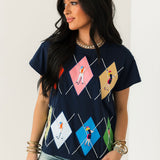 Navy Multi Argyle Golfer Tee | Queen Of Sparkles