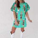 Spearmint Nutcracker Band Poof Sleeve Dress