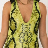 Lime Green & Black Snake Print Full Sequin V Neck Tank Dress | Queen Of Sparkles