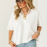 Split Neck Short Sleeve Top | White