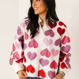 White Multi Rhinestone Hearts Button Up Cotton Top | Queen Of Sparkles
