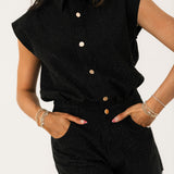 Black Full Rhinestone Button Up Romper | Queen Of Sparkles
