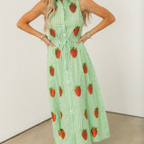 Green & White Gingham Beaded Strawberry Button Up Collar Midi Dress | Queen Of Sparkles