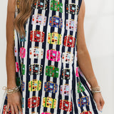 Black & White Striped Multi Vintage Suitcase Tank Dress | Queen Of Sparkles