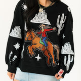 Black & White Multi Bucking Cowgirl Sweatshirt | Queen Of Sparkles
