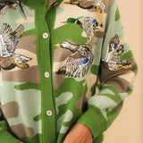 Green Camo Ducks Flying Button Up Cardigan | Queen Of Sparkles