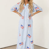 Light Blue & White Striped American Flag Cotton Button Up Midi Dress | Queen Of Sparkles