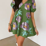 Green & Purple Poof Sleeve Flower Cotton Dress | Queen Of Sparkles