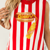 Red & White Striped "Queen" Mustard On Hot Dog Knit Tank | Queen Of Sparkles