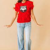 Licensed UGA Mascot Scattered Jewel Feather Short Sleeve Sweater | Queen Of Sparkles
