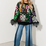 Black Multi 'Happy New Year 2026' Feather Sleeve Sweater | Queen Of Sparkles