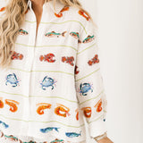 White Striped Seafood Gauze Button Up Top | Queen Of Sparkles