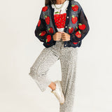 Crochet Navy & Red Sequin Apple Button Up Sweater | Queen Of Sparkles