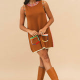 Brown Rainbow Rhinestone Trim Pocket Knit Tank Dress | Queen Of Sparkles