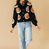 Navy Turkey On Plates Feather Neck Button Up Cardigan | Queen Of Sparkles