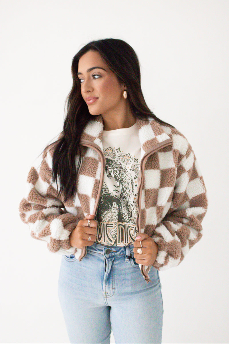 CHECKERED SHERPA JACKET | TAUPE