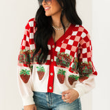 Red & White Checkered Strawberry Button Up Cardigan | Queen Of Sparkles