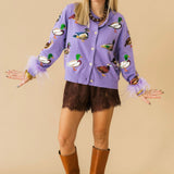 Purple Multi Ducks Feather Sleeve Button Up Cardigan | Queen Of Sparkles