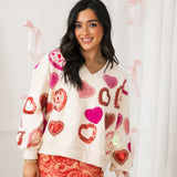 Beige Multi Doily Heart V Neck Sweatshirt