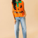 Orange Full Sequin Pumpkin Face Collar Button Up Vest | Queen Of Sparkles
