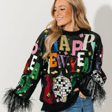 Black Multi 'Happy New Year 2026' Feather Sleeve Sweater | Queen Of Sparkles