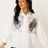 White Queen Card & Sparkle Collar Button Up Cotton Top | Queen Of Sparkles