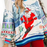 White & Blue Vintage Skiing Santa Sweatshirt