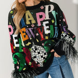 Black Multi 'Happy New Year 2026' Feather Sleeve Sweater | Queen Of Sparkles