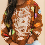 Brown Multi Leaf Quilted QOS Card Sweatshirt | Queen Of Sparkles