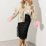 Gold Stripe Multi Sparkler Button Up Top With Pink Feather Sleeve | Queen Of Sparkles