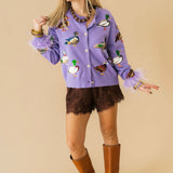 Purple Multi Ducks Feather Sleeve Button Up Cardigan | Queen Of Sparkles