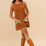Brown Rainbow Rhinestone Trim Pocket Knit Tank Dress | Queen Of Sparkles