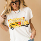 White & Yellow Sequin Flower School Bus Tee | Queen Of Sparkles