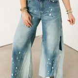 Washed Bleached Wide Leg Denim Jeans
