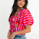 Hot Pink Stripe Sequin Flower Cotton Tie Top | Queen Of Sparkles