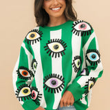 Green & White Striped Multi Eye Sweater | Queen Of Sparkles