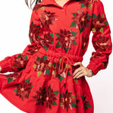 Red Poinsettia Button Up Mock Neck Tie Sweatshirt Dress | Queen Of Sparkles