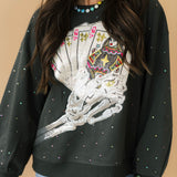Charcoal Skeleton Holding Queen Cards Rhinestone Sweatshirt | Queen Of Sparkles