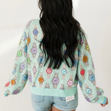 Aqua Colorblock Trim Multi Watch Button Up Cardigan | Queen Of Sparkles