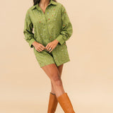 Olive Scattered Multi Rhinestone Cotton Button Up Romper | Queen Of Sparkles