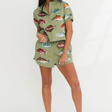 Green Multi Fish Henley Short | Queen Of Sparkles
