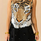 Black Sequin Tiger Face Rhinestone Feather Tank Dress | Queen Of Sparkles