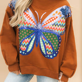 Brown Patchwork Butterfly Mock Neck Sweatshirt | Queen Of Sparkles