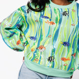 Green Multi Sequin Fish In Underwater Leaves Sweatshirt | Queen Of Sparkles